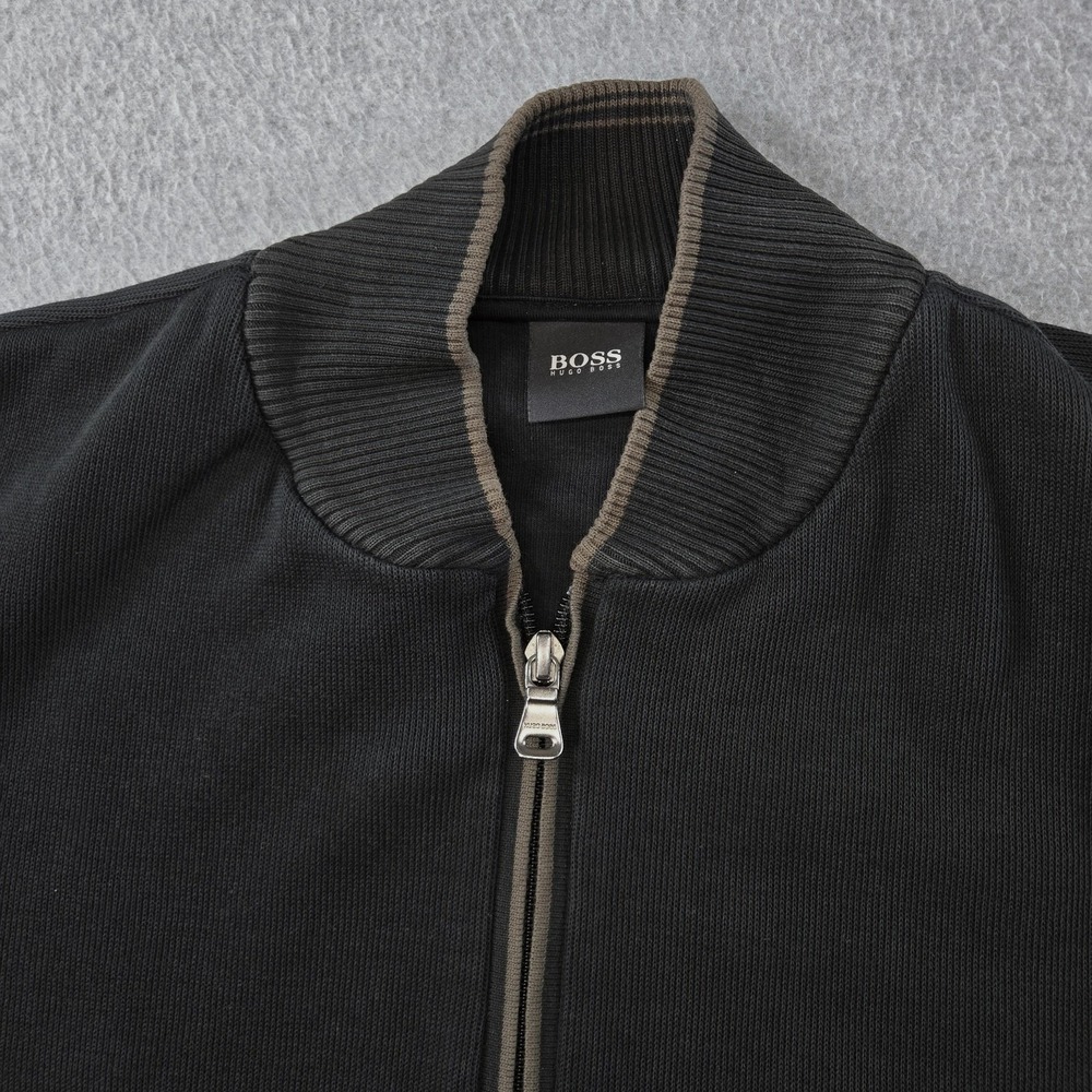 Boss Sweatshirt Mens S Black Full Zip High Neck Ribbed Trim Knit‎ Pockets Logo